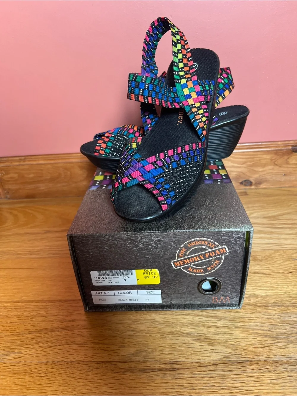 bernie mev. Black Wedge Sandals with Bright Multicolor Straps